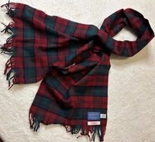 Vintage Pendleton Red Green Plaid Scarf 100% Virgin Wool with Fringe 60x12.5