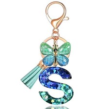 JINGUAZI Initial letter Keychains for Women Tassel Butterfly Pink S-blue Green