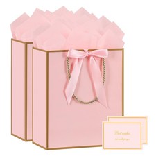 2 PCS Large Pink Gift Bags with Ribbon 2 Greeting Cards 4 Tissue Paper