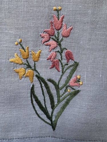 Vintage 50’s Linen Napkin/Tray Mat Pale Blue, Embroidered  Flowers 30x40cms