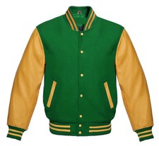 New Varsity Letterman Baseball Forest Wool Genuine Gold Leather Sleeves Jackets