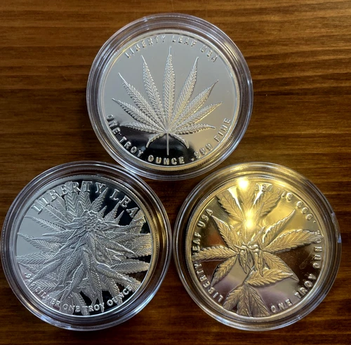 Liberty Leaf-Sativa-Indica-Ruderalis-1 oz .999 silver  rounds- BU in capsules