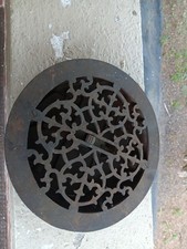 ANTIQUE ORIGINAL ORNATE ROUND CAST IRON FLOOR HEAT REGISTER VENT WITH LOUVERS