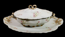 Antique Haviland Limoges Oval Tureen Pink Floral Roses Gold Bow  Platter