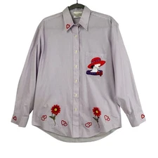 Hot Dames Red Hat Society Button Up Shirt Size M Gingham Purple Red Appliqué 
