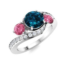 London Blue Topaz  Pink Topaz 5MM Round 925 Sterling Silver Three Stone Ring