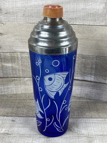 VTG Hazel Atlas Angel Fish Cobalt Blue Glass Cocktail Shaker Sportsman Series