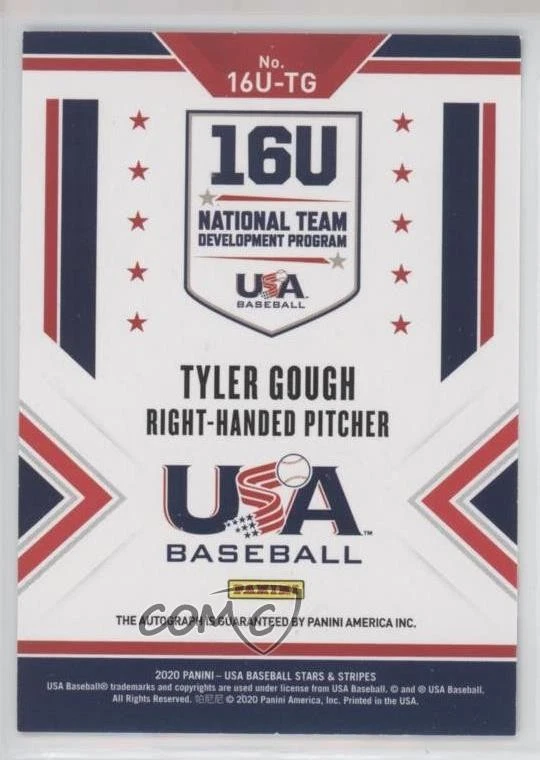 2020 Panini USA Baseball Stars & Stripes /176 Tyler Gough #16U-TG Auto - Image 2 of 2
