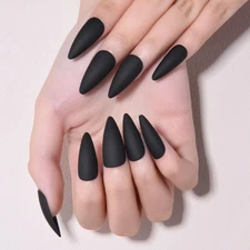 Halloween Black Matte Press on Nails Medium Almond, Matte Black Fake Nails Ha...