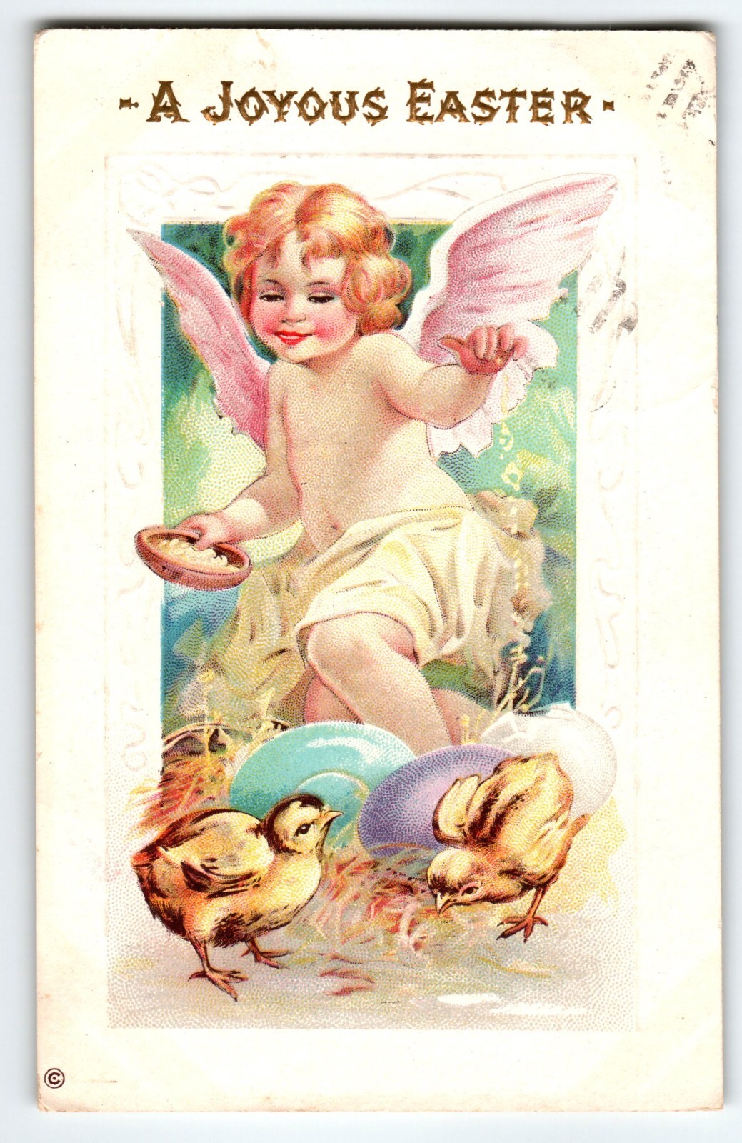 Easter Postcard 1910's Cherub Angel Baby Chics Eggs Embossed Greetings 1913