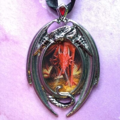 Red Dragons Lair Anne Stokes Enchanted Cameo Artwork Picture Pendant Necklace
