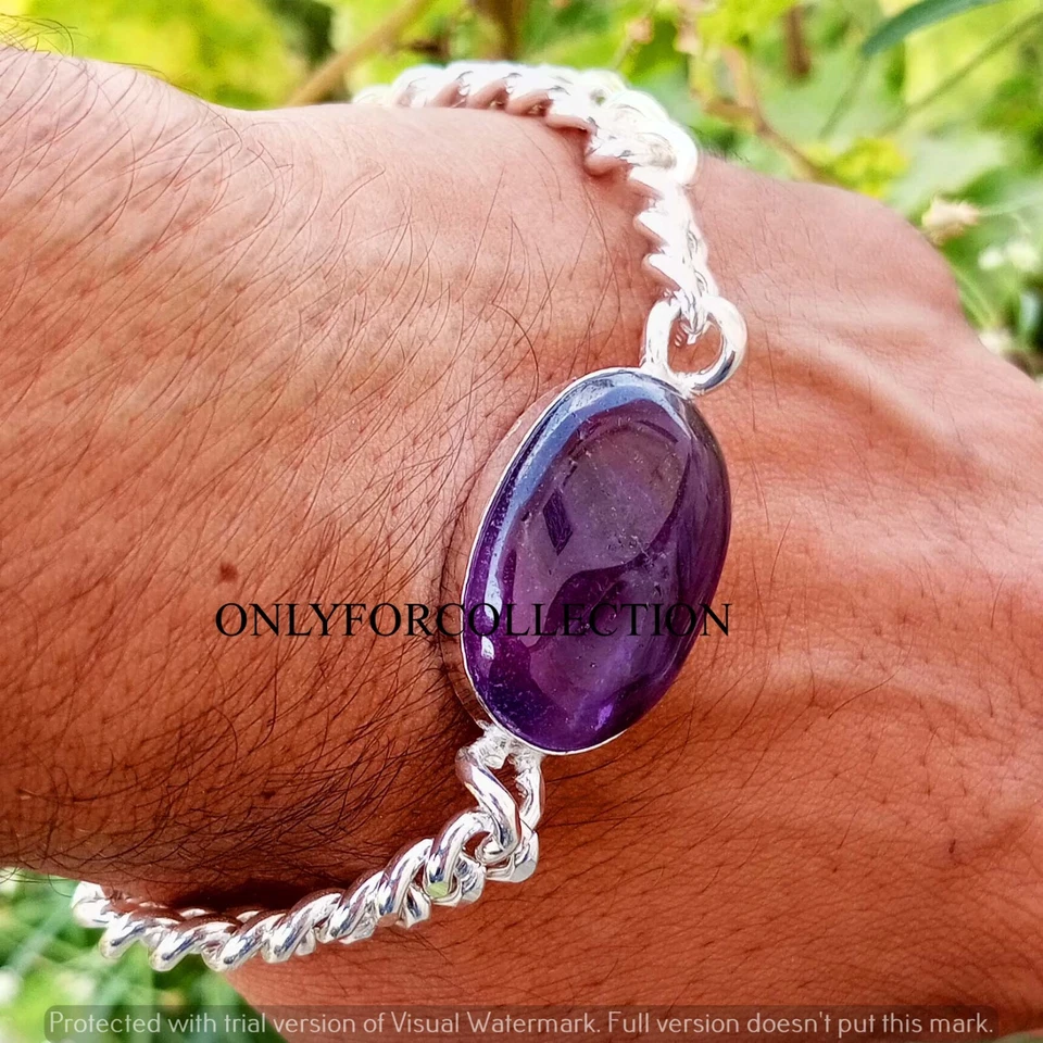 Lovely Natural Amethyst Gemstone 925 Sterling Silver Plated 1 PC Chain Bracelet - Image 2 of 3