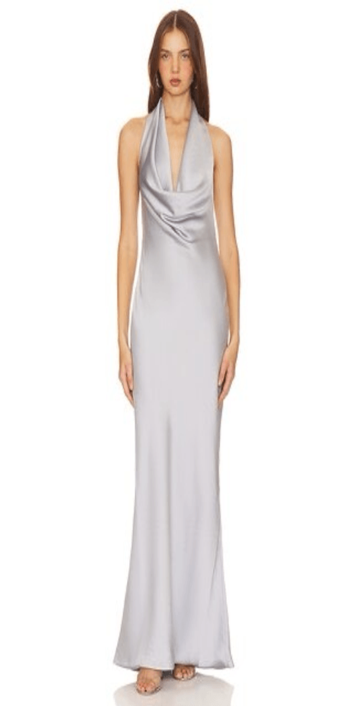 NWT Norma Kamali Halter Drape Bias Gown in Silver Size S $325