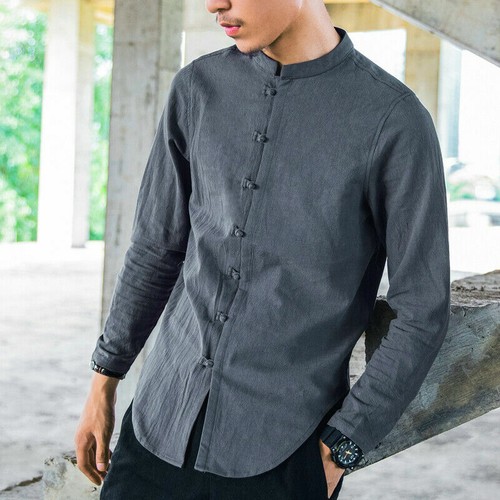 Men Ethnic Shirt Cotton Linen Solid Chinese Kung Fu Tops Frog Button Casual Slim - Picture 4 of 19