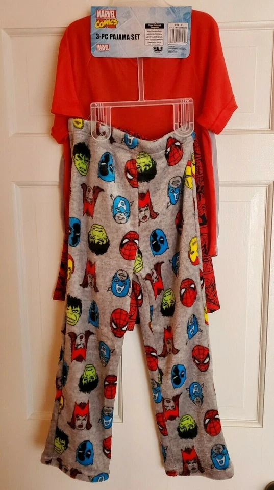 MARVEL SPIDERMAN PIJAMA 3 PIEZAS PANTALONES CAMISA PANTALONES CORTOS TALLA 8 Foto 2 de 4