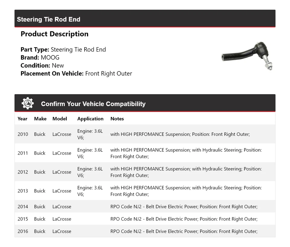 Extremo de barra de dirección exterior delantero derecho MOOG 2010-2016 Buick LaCrosse Foto 2 de 4