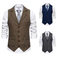 Men's Herringbone Tweed Suit-Vest Vintage Lapel Single-Breasted Waistcoat Tops