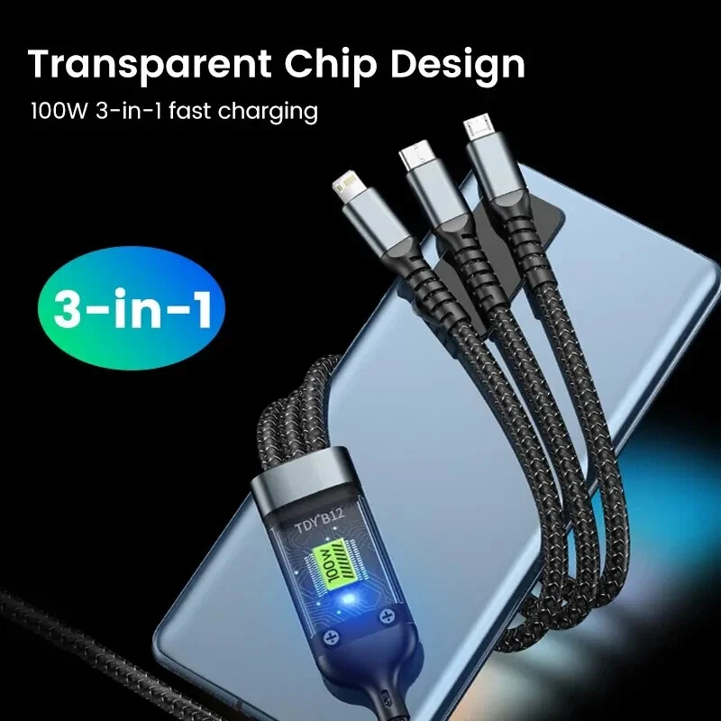 3-in-1 100W 5A Fast Charging USB To Type-C Micro Fast Charger Cable For iPhone 1 - Image 2 of 4