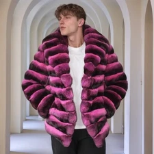 2025Men Pink Real Rex Rabbit Fur Coat Lapel Thick Fur Chinchilla Warm Outwear