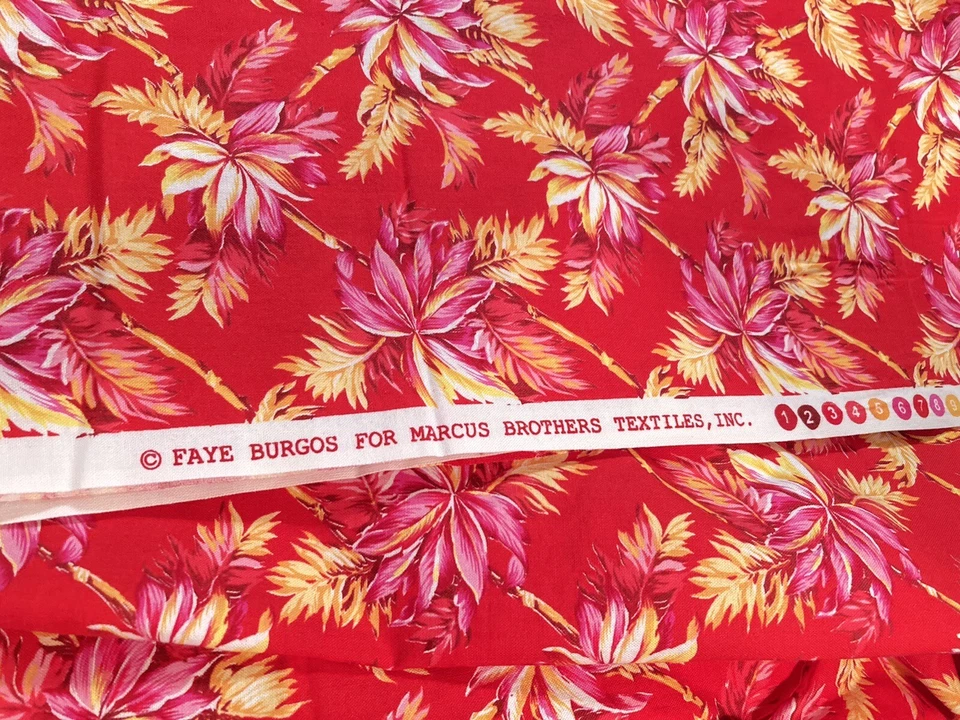 VTG Marcus Bros Fabric Pink Yellow Tropical Flowers on Red Faye Burgos 2.25Yx44" - Image 3 of 3