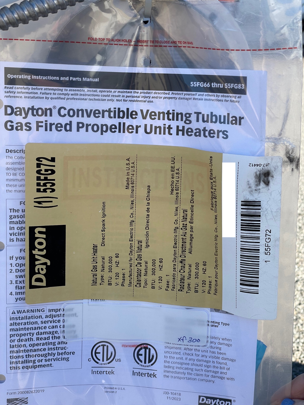 Dayton 55FG72 Commercial Gas Fired Wall Ceiling Shop Warehouse Heater 300k BTU