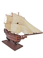 Handcrafted Wooden Ship Model with Cloth Sails – Vintage Maritime Decor – Hand-C