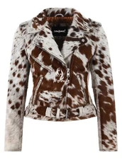 Women's Brando Style Biker Leather Jacket Hair On Cowhide Classic Fashion Jacket