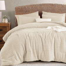 7 Piece Beige Boho Comforter Set Queen Bed in a Bag Tufted Texture Comforter Set