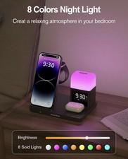 Wireless Charging Station Alarm Clock with 8 Touch Night Lights: 5 in 1 Charger