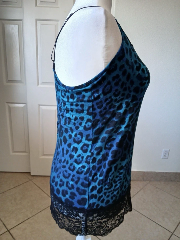 Camiseta sin mangas Lane Bryant para mujer azul negro estampado animal 14/16 camisola ribete de encaje Y2K Foto 4 de 4