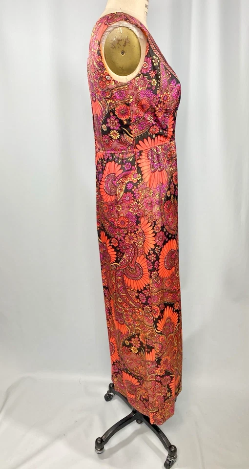 Vintage Dress SIZE SMALL orange pink paisley psychedelic 60s 70s maxi sheath - Image 3 of 4
