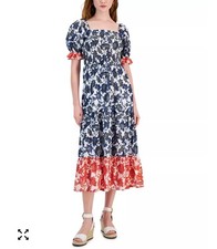 Tommy Hilfiger Women's Batik Floral Smocked Midi Dress Medium Tiered Puff Sleeve