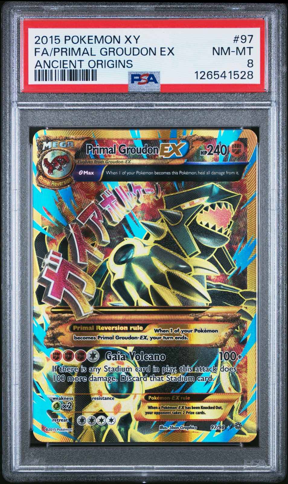 2015 POKEMON XY ANCIENT ORIGINS #97 FULL ART/PRIMAL GROUDON EX PSA 8