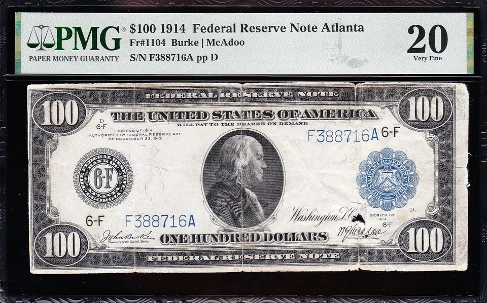 *RARE* VF graded 1914 $100 ATLANTA Federal Reserve Note! PMG 20! FREE SHIP! - Image 2 of 3