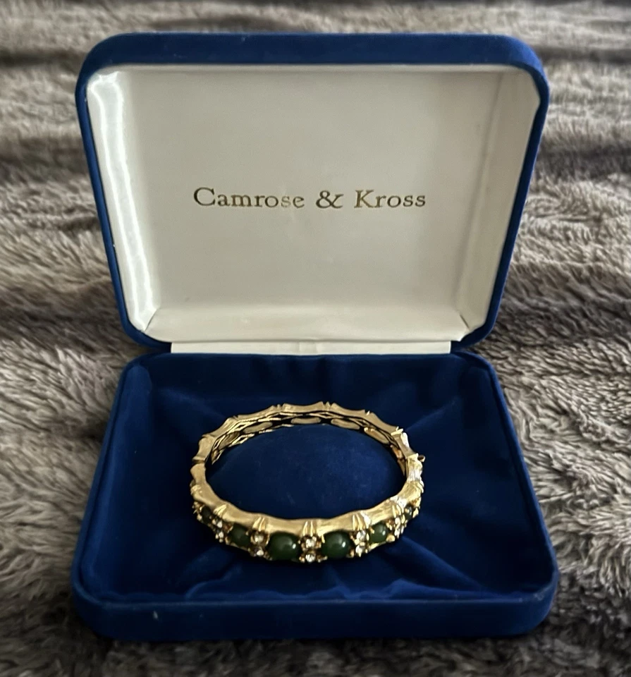 JBK Jackie Kennedy Faux Jade & Crystal Hinged Bangle Bracelet-Camrose & Kross - Image 2 of 4