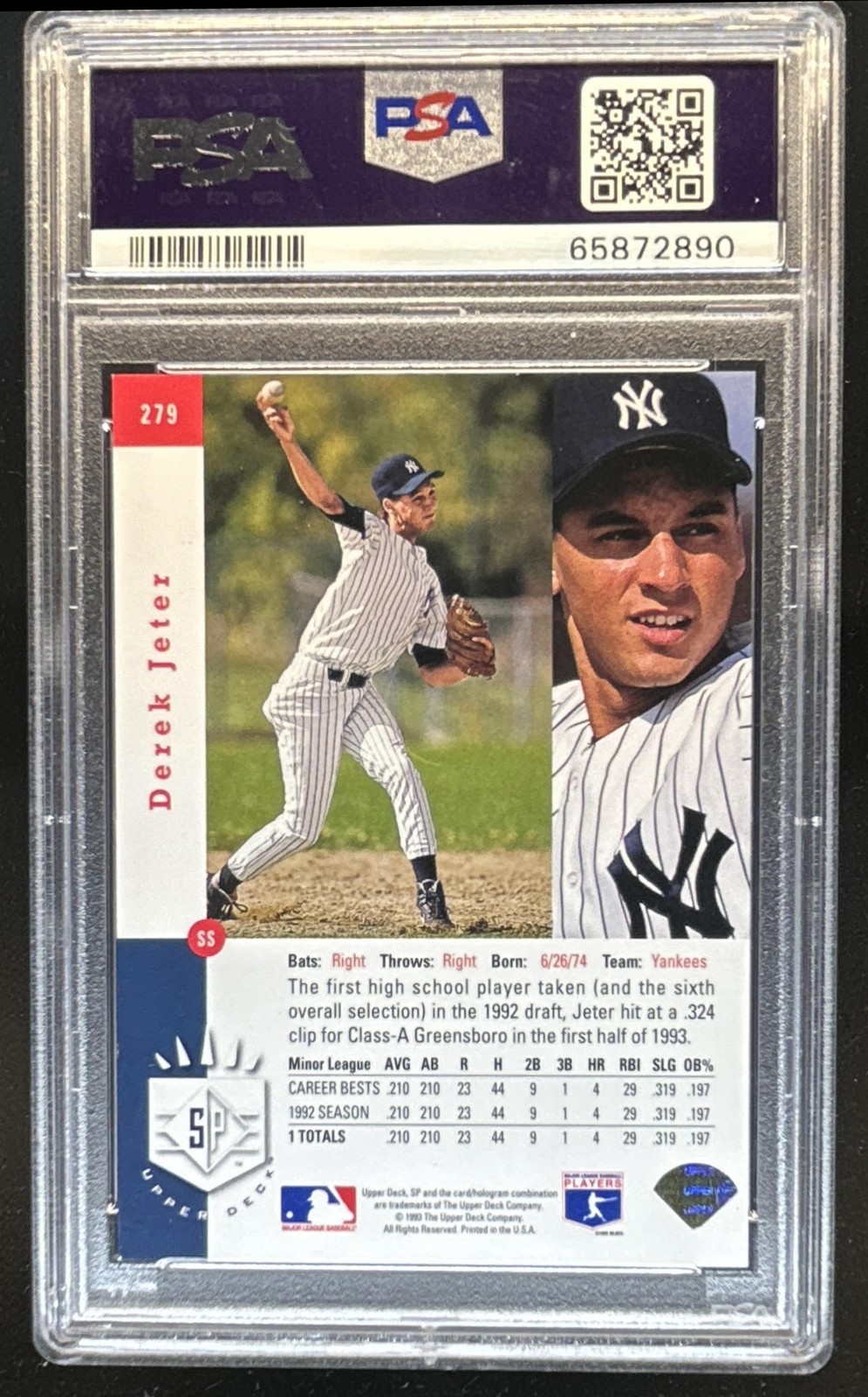 1993 SP Derek Jeter Foil Rookie RC #279 New York Yankees PSA 5 view 2