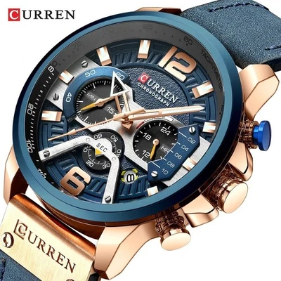 CURREN Herren Uhr Chronograph Quarz, Sport Militär Design, Leder Armband, Luxus - Bild 1 von 4