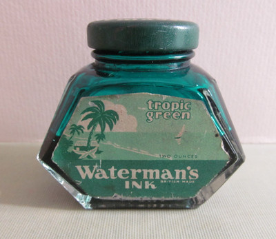VINTAGE WATERMAN'S SCHREIBTINTE ZWEI UNZEN FLASCHE - THEMA GRÜNE TINTE