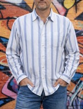 Tommy Bahama Denim Striped Button Down Shirt Long Sleeve Pocket Blue Mens XL