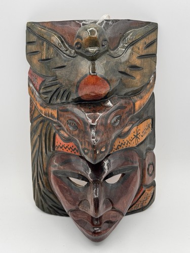 Belize Folk Art Hand Carved Wood Painted Mask Totem Aztec Mayan Vintage