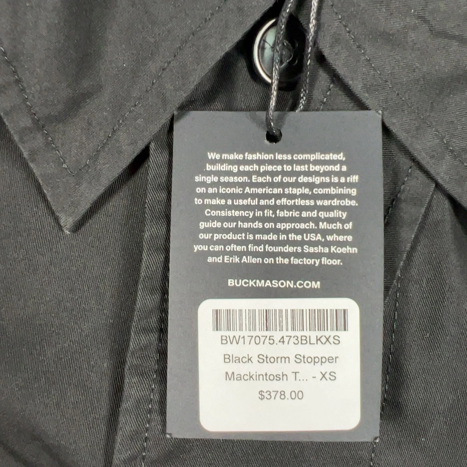 Buck Mason Black Storm Stopper Mackintosh Trench Mens Sz XS NWI Msrp378 [GB1] image 2