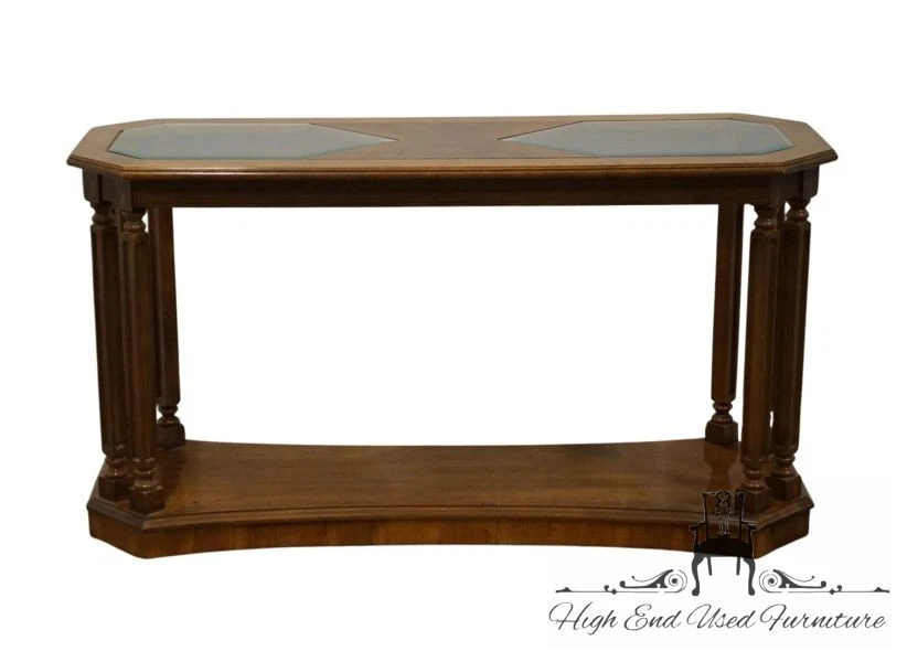 BROYHILL FURNITURE Walnut Italian Contemporary 50" Glass Topped Accent Sofa T... - Image 3 of 4