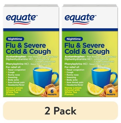 2 pk,Equate Nighttime Severe Cold,Cough,Flu Relief Powder Pack,Honey Lemon,6 Ct