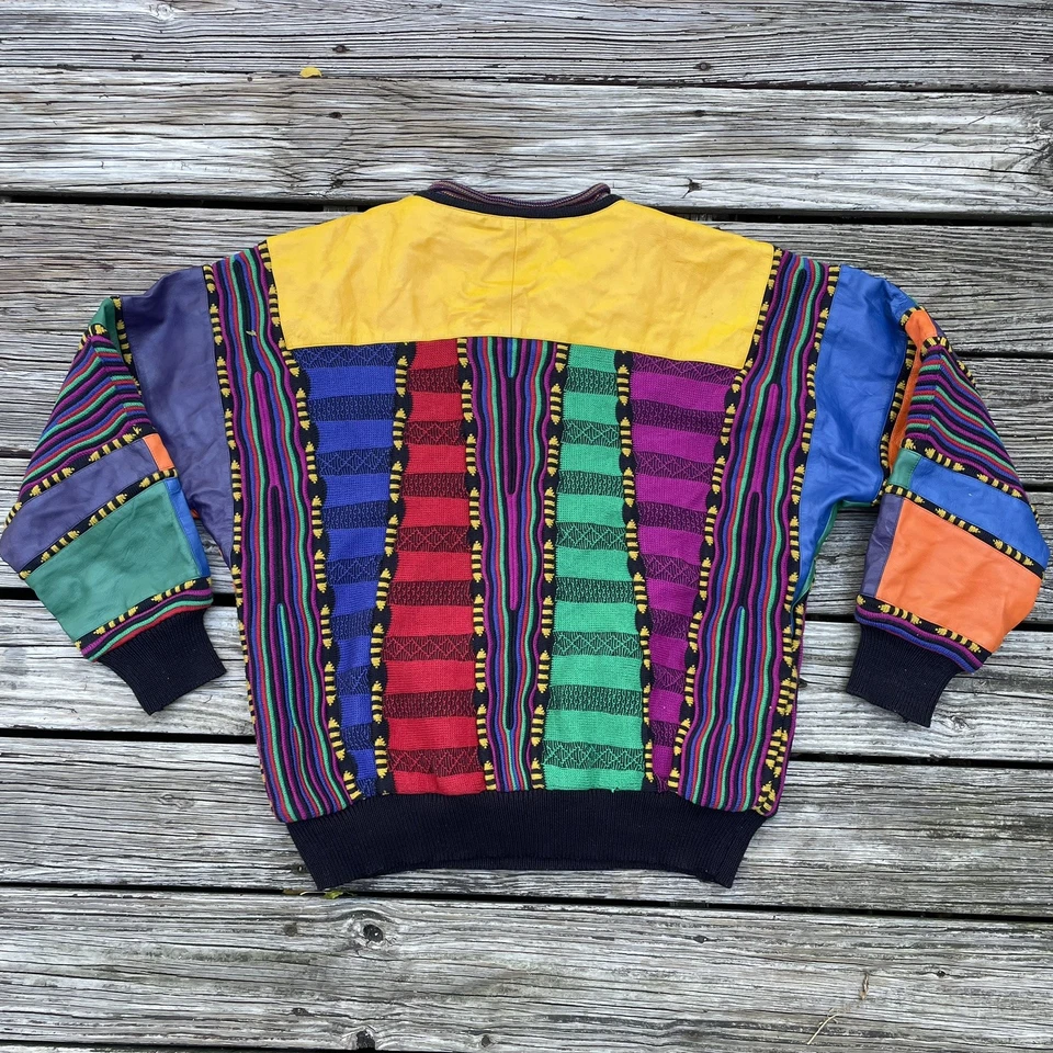 Винтажный MONDO UOMO свитер coogie стиль кожи/шерсти сделано в Италии цветной XL - Изображение 2 из 4