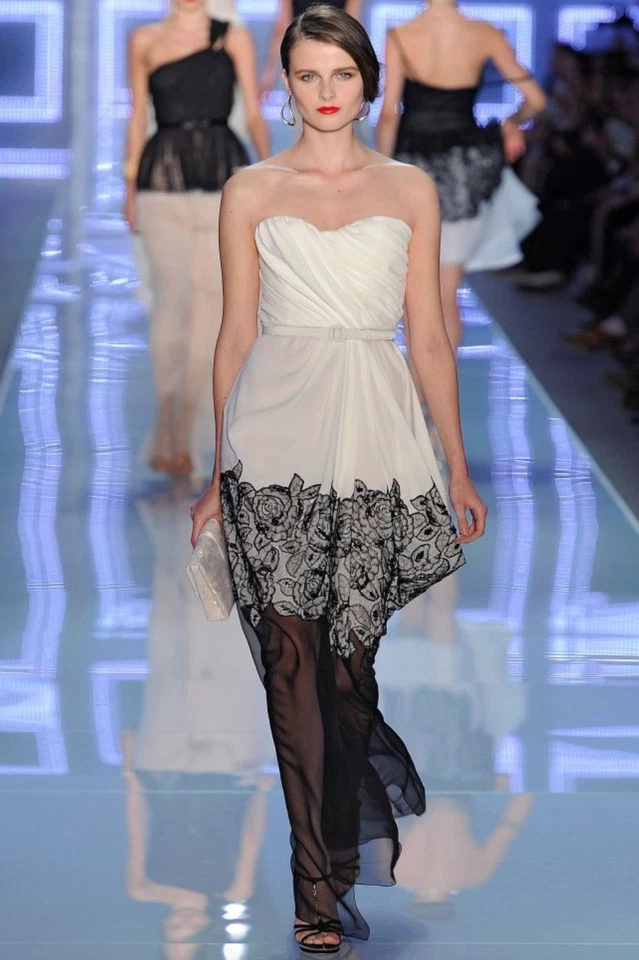 Christian Dior S/S 2012 White Black Rose Embroidered Ruched Evening Dress Gown - Image 2 of 4