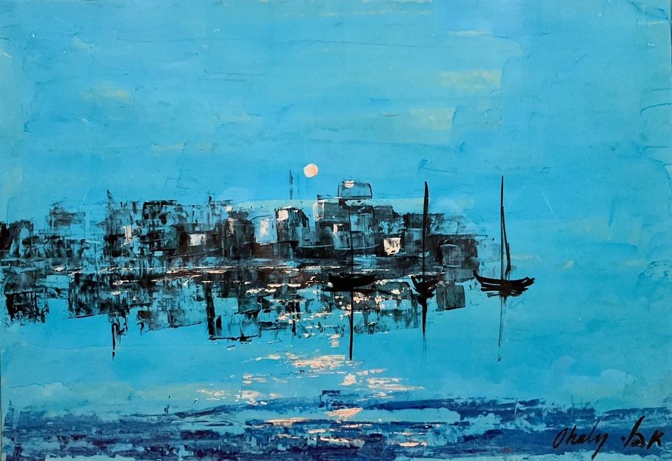 Pintura acrílica vintage assinada pela década de 1960 abstrata paisagem marítima cena porto - Imagem 2 de 4