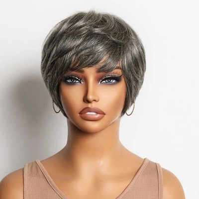 Salt & Pepper 100% Human Hair Short Pixie Cut Glueless Wig  display picture 3