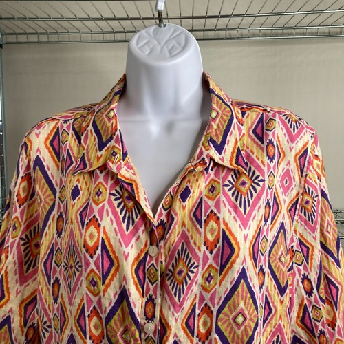 Camisa Boho Chico’s Para Mujer Sin Hierro Lino Groovy Estampado Azteca Con Botones Talla 3 XL - Imagen 7 de 12