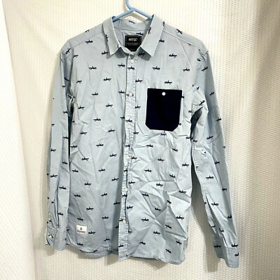 WESC Mens Long Sleeve Shirt Blue Button Up Bicycle Design Size L
