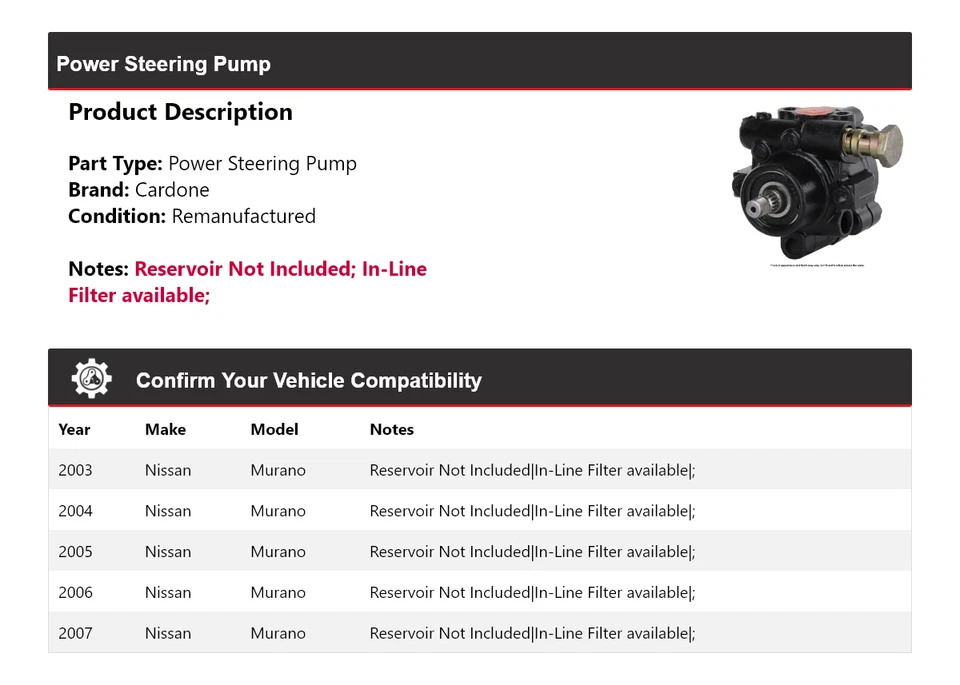 Bomba de dirección asistida Cardone para Nissan Murano 2003-2007 2004 2005 2006 Foto 2 de 4